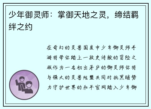 少年御灵师：掌御天地之灵，缔结羁绊之约