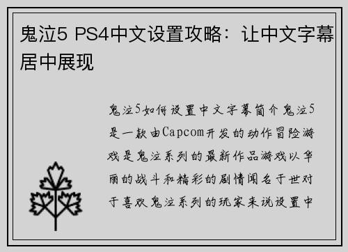 鬼泣5 PS4中文设置攻略：让中文字幕居中展现